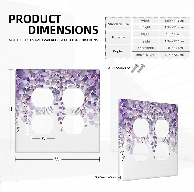 Purple Plants Leaves Eucalyptus Vine Floral Flowers Outlet Covers 2 Gang Double Duplex Decorative Light Switch Covers Electrical Wallplates Socket Faceplate for Bedroom Living Room Decor