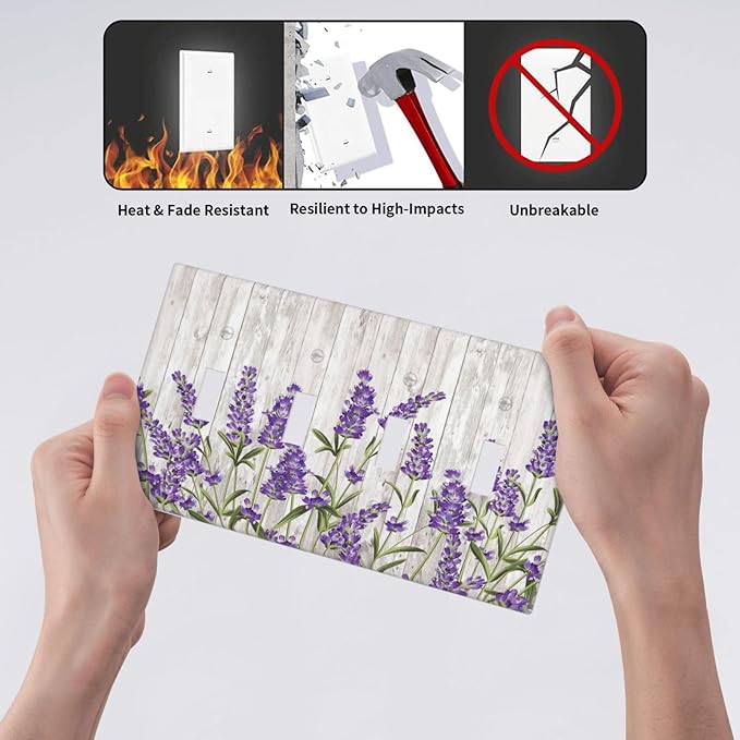 Purple Lavender Rustic Wooden Flowers Floral Plant Light Switch Covers Quad Toggle Electrical Faceplate 4 Gang Wall Plate Decorative Switch Plates Cover for Farmhouse Living Room Decor