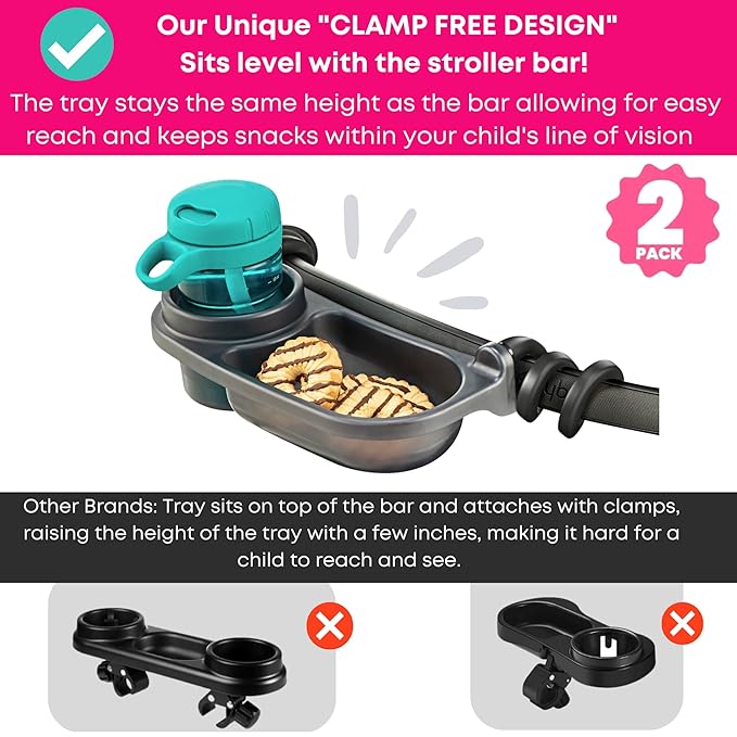 Swanoo Universal Stroller Snack Tray | Pack of 2 | Compatible with Nuna | Stroller Cup Holder | Bumper Bar | Stroller Tray Attachment with Cups Holder for Baby Toddler | Stroller Accessories