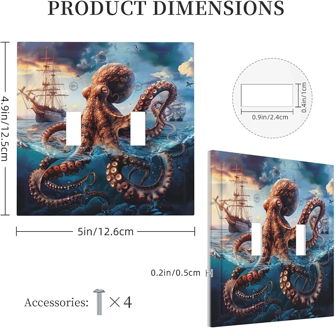 Light Switch Cover Plate Deep Ocean Octopus Sailboat Sea Monster 2 Gang Double Toggle Decorative Switch Plates Plug Cover Wall Plates Electrical Faceplate for Bathroom Bedroom Decor