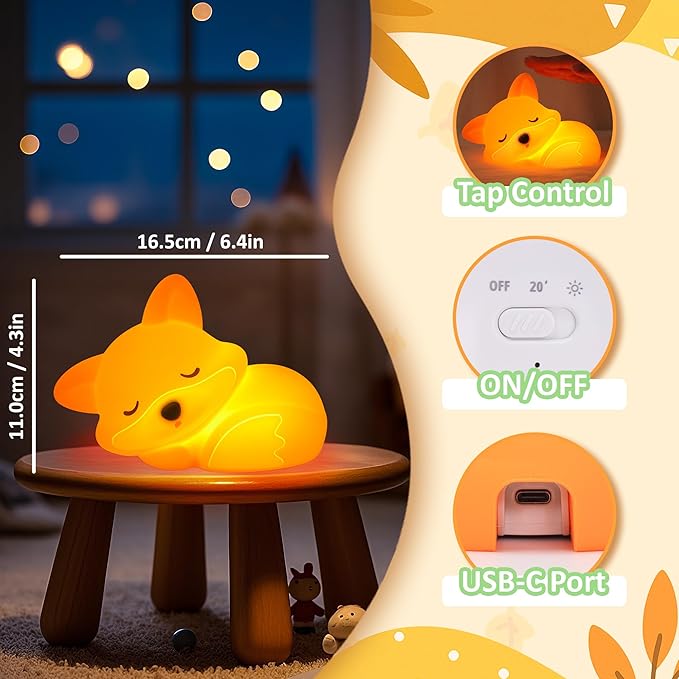 CoolGift Mart Fox Night Light, Cute Fox Silicone Night Light Gifts for Kids, Fox Lamp for Girls Boys Child Baby Nursery, Animal Light with Touch Control, Timer and USB Rechargeable