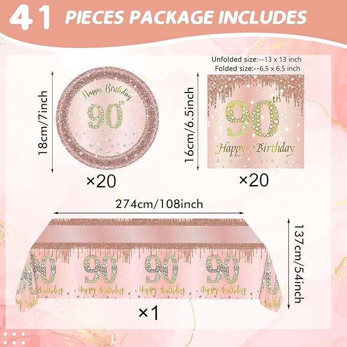 41Pcs 90th Birthday Decorations, Rose Gold Birthday Party Supplies Include 20Pcs Plates 20Pcs Napkins and 1Piece Tablecloth, Sweet Ninety Year Old Birthday Party Tableware for Girl Ladies Women