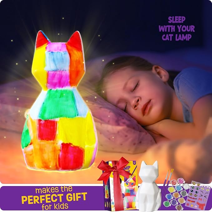 LAOESE Paint Your Own Cat Lamp Kit, Arts and Crafts for Kids Ages 8-12, Art Supplies Painting kit for Kids 6-12, Cat Night Light Toys Girls Boy Birthday Gifts for Kids Ages 3 4 5 6 7 8 9 10 11 12+