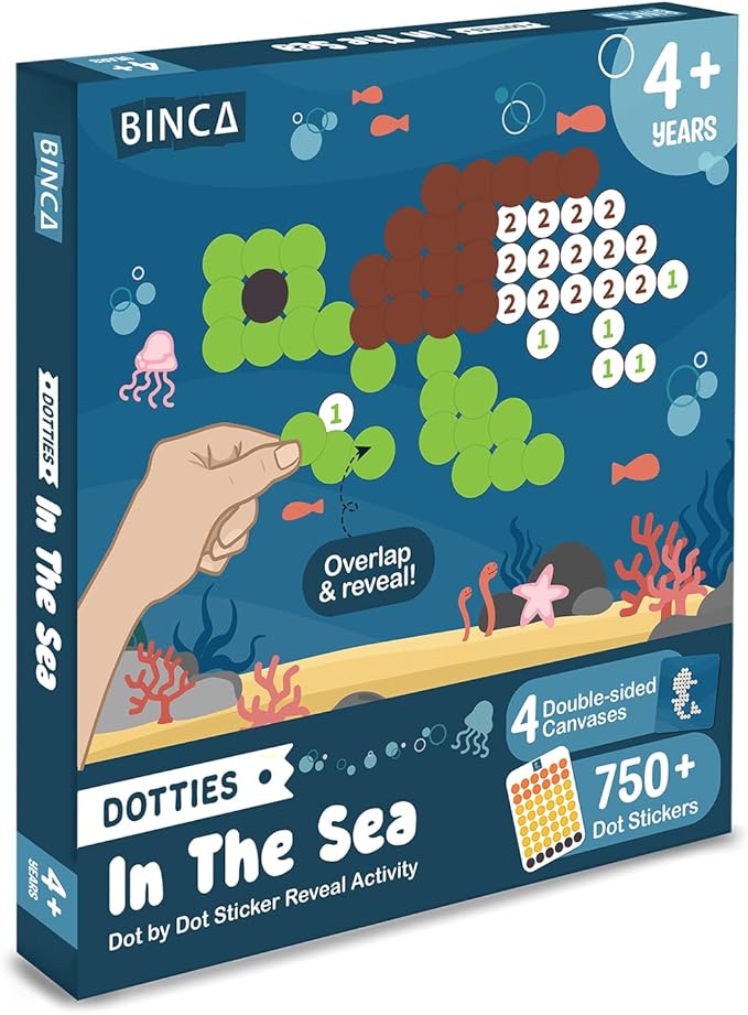 BINCA Dotties Dot Art Activity Kit, 750+ Stickers, Underwater Animals Mess-Free Activities, DIY Dot Sticker Art, Kids Travel Activities, Gifts for Boys & Girls Ages 4,5,6