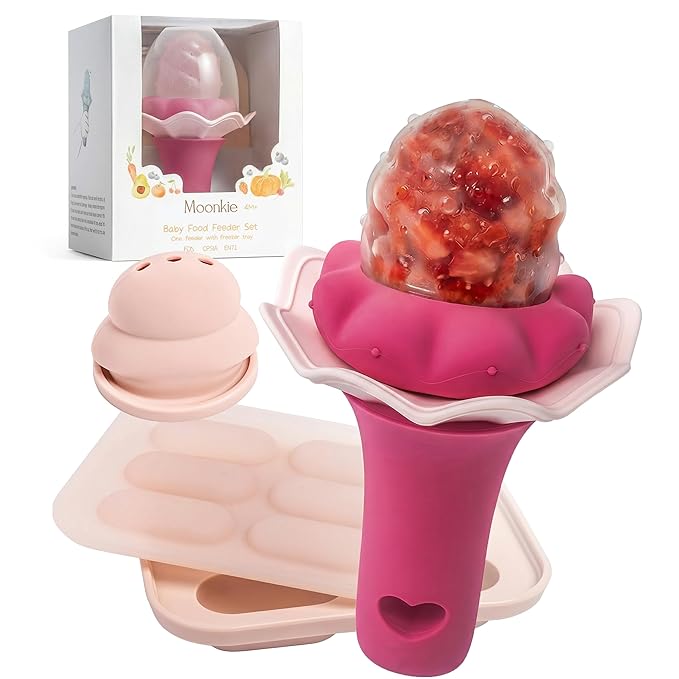 Moonkie Baby Fruit Feeder with Freezer Tray, BPA Free Silicone Food Feeder for Infant Self Feeding, Breastmilk Popsicle Molds, Mesh Feeder with Two Pouches, Baby Shower Gifts 4 Months+, 1 Pack
