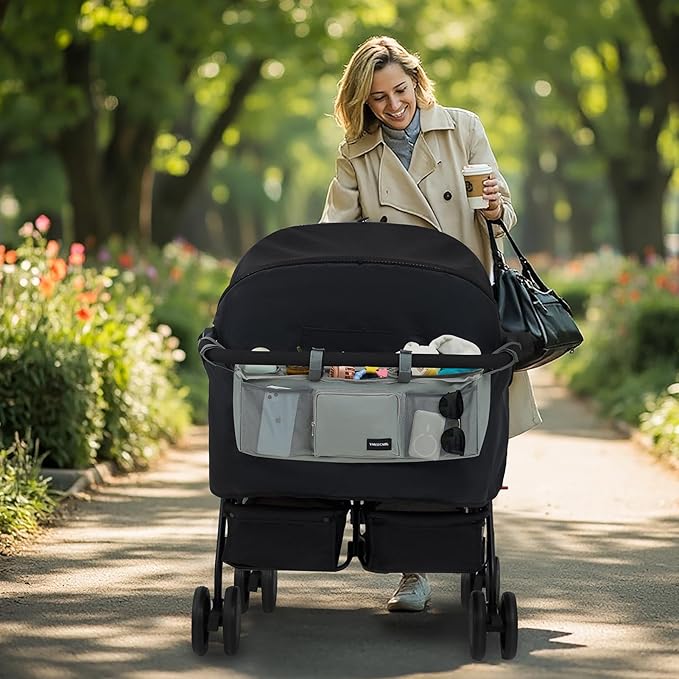Double Stroller Organizer Universal with 2 Insulated Cup Holders & Cooler Bag, Large Storage Parent Console for Bob Duallie, Baby Jogger City Mini GT2