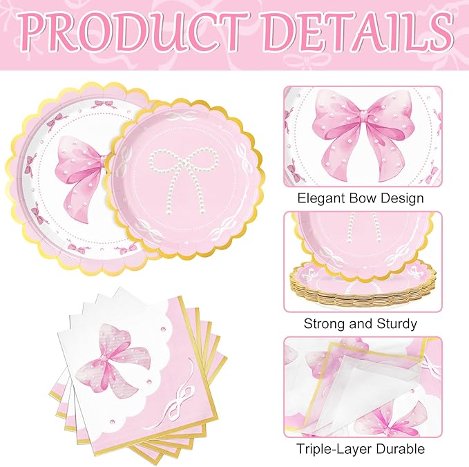 WERNNSAI Pink Bow Birthday Decorations - 48PCS Bow Plates and Napkins Coquette Birthday Decorations Pink Paper Plates and Napkins for Kids Girls Bachelorette Wedding Supplies Serves 16 Guests