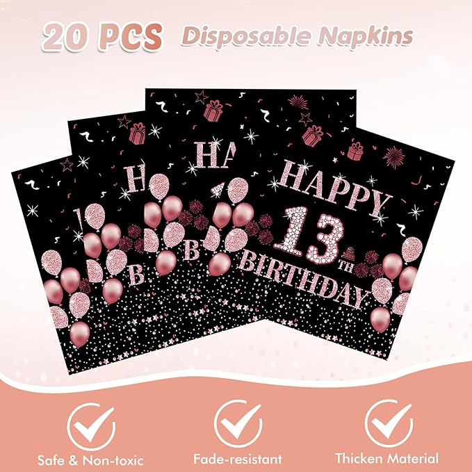 Ryzovo 41Pcs 13th Birthday Decorations for Girls Rose Gold Happy 13 Birth Party Supplies for Her Including Tablecloth,Plates,Napkins, 13 Year Old Girl Birthday Tableware for Sweet Teenager Party