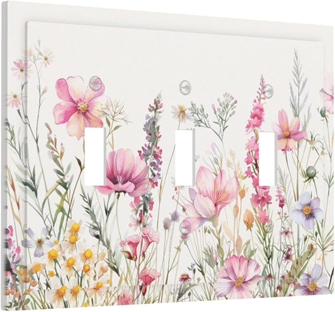 Pink Floral Wild Flowers Watercolor Plants Decorative Switch Plates 3 Gang Wall Plate Triple Toggle Light Switch Cover Faceplate Electrical Wall Panels for Bedroom Living Room Decor