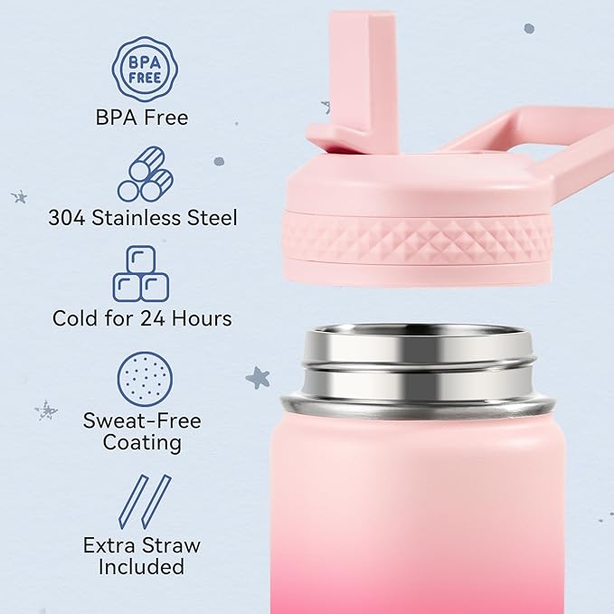Fijinhom 12 oz Toddler Bottle, 2 Pack Kids Water Bottle for School Boys & Girls with Straws Lids, 304 Stainless Steel Vacuum Insulated Thermos, BPA-Free, Blue Black + Cherry Blossom