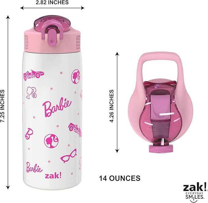 Zak Designs Barbie Porter Water Bottle for Travel and At Home, 19 oz Vacuum Insulated Stainless Steel with Locking Spout Cover, Built-In Carrying Loop, Leak-Proof Design (Barbie)