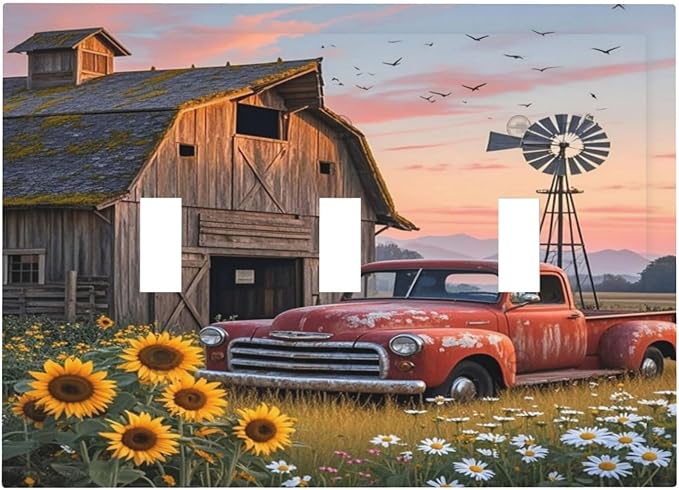 Rustic Barn Red Truck Windmill Sunflower Decorative Switch Plates 3 Gang Wall Plate Triple Toggle Light Switch Cover Faceplate Electrical Wall Panels for Farmhouse Home Decor