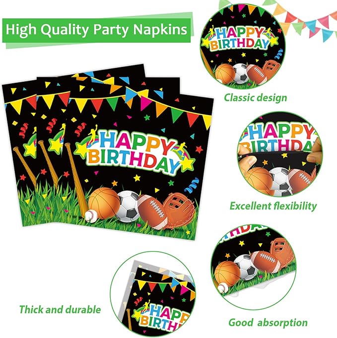 200 pcs Happy Birthday Party Plates and Napkins Kit Sports Themed Birthday Tableware Soccer Basketball Party Supplies For Baby Shower Sports Game Activities and Ball Fans Club celebrations Service 50