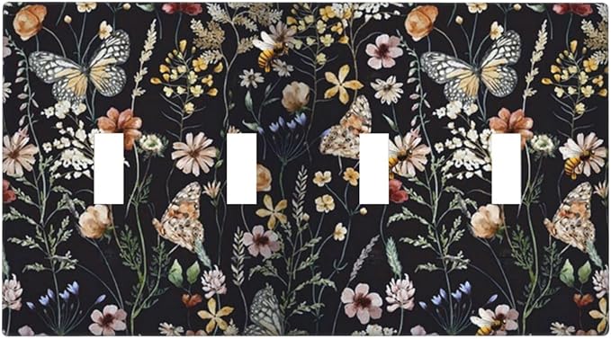 Vintage Flower Leaves Quad Toggle Wall Plates Decorative Butterfly 4 Gang Light Switch Cover Dark Backgrounds Electrical Switchplate Faceplate Butterfly Dimmer Decor for Bedroom Kitchen Bathroom