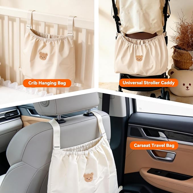 Universal Stroller Organizer, Nylon Stroller Storage Bag for Baby Essentials, Large Capacity Stroller Organizer Bag with Hook & Loop, Cargo Bag for Umbrella & Pet Stroller Accessories (Beige)