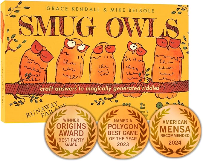 Runaway Parade Games Smug Owls Card Game - an Award-Winning Hilarious & Creative Riddle-Solving Party Game for Kids and Adults | Fun for the Whole Family | 8+ | 15-20 min | 3-15 Players