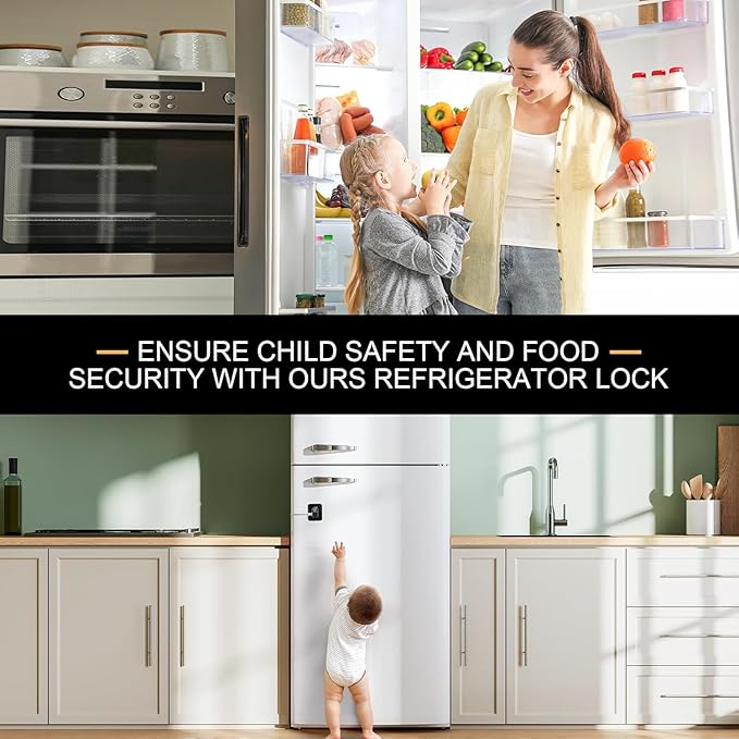 Fridge Lock, 2PCS Upgraded Refrigerator Lock for Freezer, Cabinets and Drawers, Air Fryer, Closets, Windows, Doors, Durable ABS with Adhesive Backing, Easy Install, No Tools Needed, Black & White