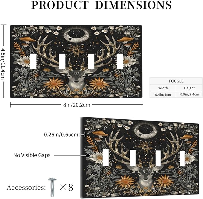 Light Switch Cover Plate Vintage Deer Flowers Moon Natural Plants Floral 4 Gang Quad Toggle Decorative Switch Plates Electrical Wall Plates Faceplate for Bathroom Bedroom Decor