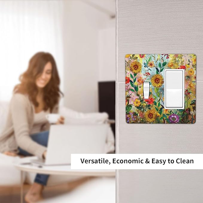Fall Colorful Sunflower Floral 2 Gang Toggle Rocker Combo Wall Plates Decorative GFCI Device Outlet Cover Receptacle Electrical Faceplate Switchplate for Bedroom Bathroom Kitchen Decor