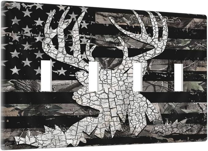 American Flag Forest Antler Deer Elk 4 Gang Device Light Switch Cover Decorative Quad Toggle Wall Plate Decorative Electrical Faceplate for Home Bedroom Art Decorate