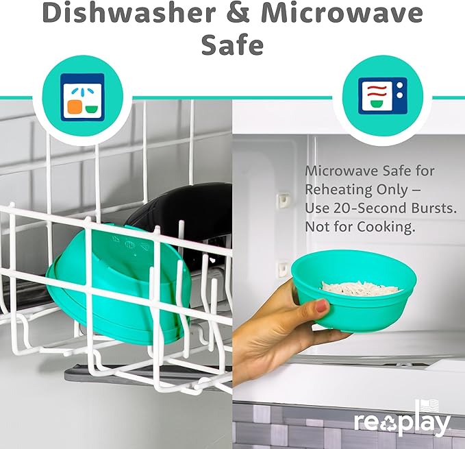 Re-play 3 Divided Toddler Plates, 3 Utensils Set and 3 Wide Base Bowls - Dishwasher and Microwave Safe - Made in USA - Mermaid