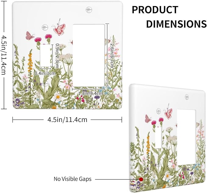 Colorful Butterfly Floral Plants Flower Vine Outlet Covers 1 Toggle 1 Rocker Combination Decorative Wall Plate Electrical Switch Plates Light Switch Cover Plate for Bed Room Living Room Decor