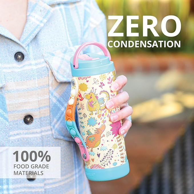Elemental Iconic Kids Water Bottle for School - 100% Leak-Proof Insulated Water Bottles with Straw Lid & Pop-It Handle for Boys & Girls - Triple-Wall Insulated & BPA-Free, 14oz – Dragon