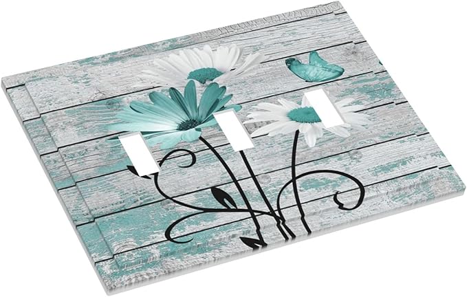 Teal White Daisy Flower Butterfly On Rustic Wood Board Decorative Switch Plates 3 Gang Wall Plate Triple Toggle Light Switch Cover Faceplate Electrical Wall Panels for Farmhouse Bedroom Decor