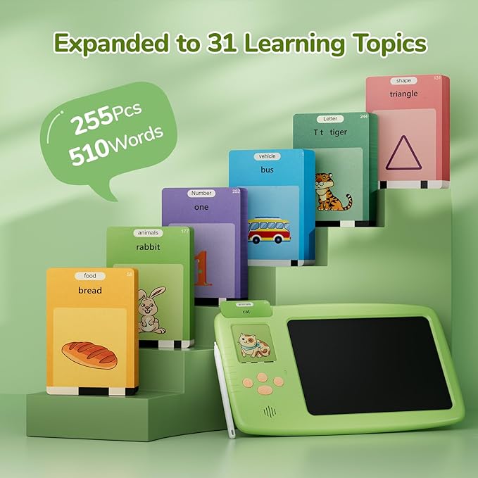 Talking Flash Cards for Toddlers: 2-in-1 LCD Writing Tablet with 510 Sight Words, Montessori Language Learning, Autism & Speech Therapy Toys for Children Ages 1-6, Green