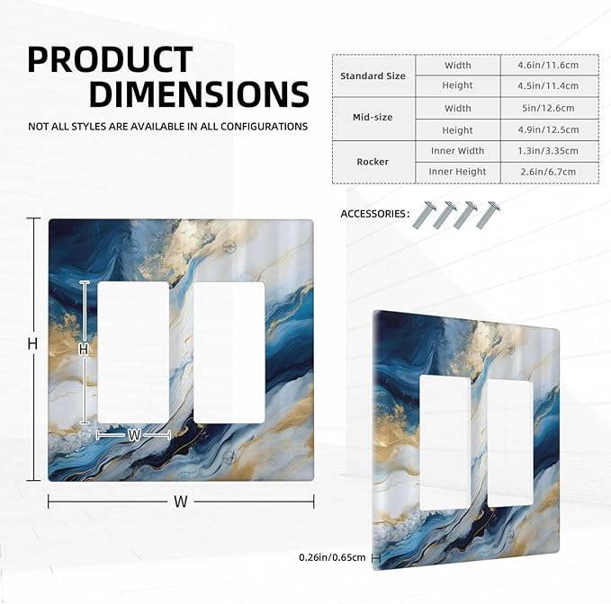 Abstract Blue Granite Luxury Watercolor Marble Texture Print 2 Gang Rocker Decora Light Switch Covers Decorative Unique Dual Outlet Covers Wall Plate Electrical Faceplate Switchplate GFCI for Kitchen