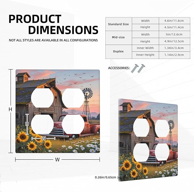 Rustic Barn Red Truck Windmill Sunflower Outlet Covers 2 Gang Double Duplex Decorative Light Switch Covers Electrical Wallplates Socket Faceplate for Farmhouse Home Decor