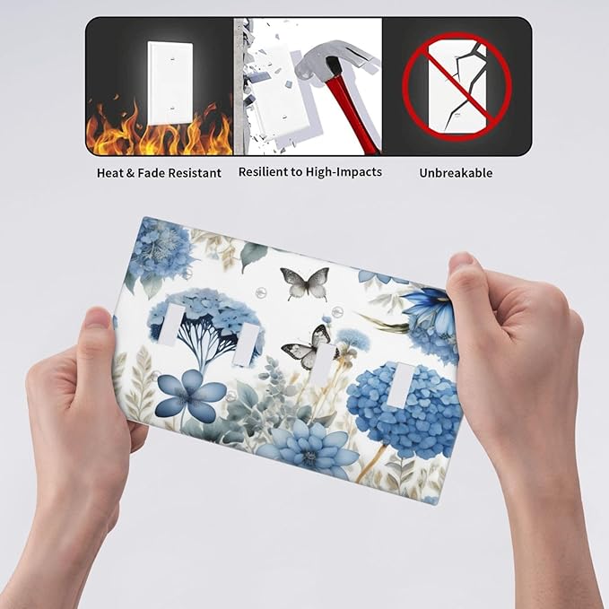 Blue Floral Hydrangea Floral Butterfly Flower Plant Light Switch Covers Quad Toggle Electrical Faceplate 4 Gang Wall Plate Decorative Switch Plates Cover for Bedroom Living Room Decor