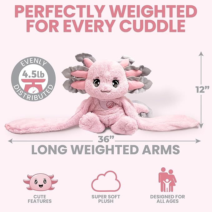 Huggle Healers Weighted Stuffed Animals for Adults, Teens and Kids - 36 Inch Long Plush Arms Pink Stuffed Animal for Hugs - 4.5lb Axolotl Plushies - Ula Axolotl