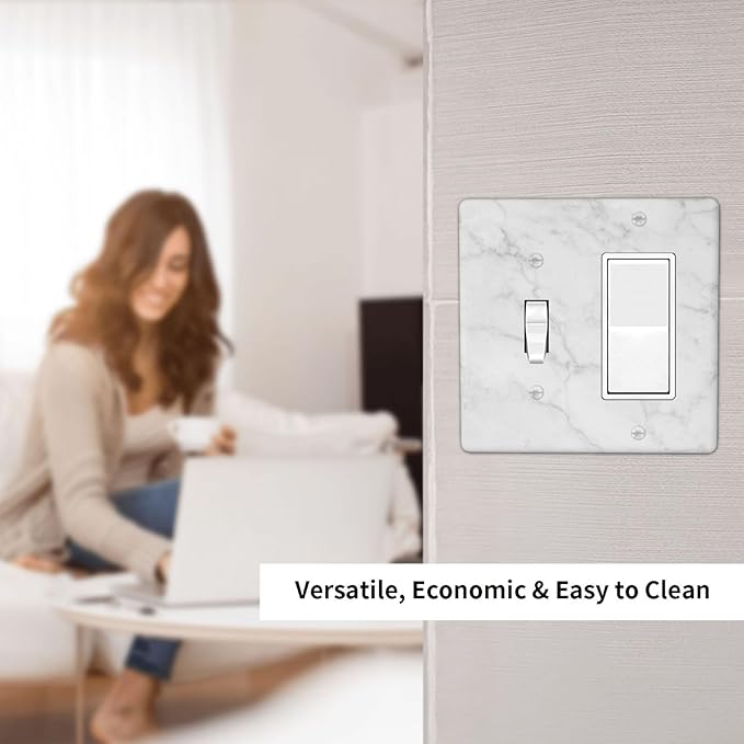 White Marble Faux Printed Double Gang Toggle Rocker Decorative Light Switch Cover, 2-Gang Wall Plate Outlet Cover