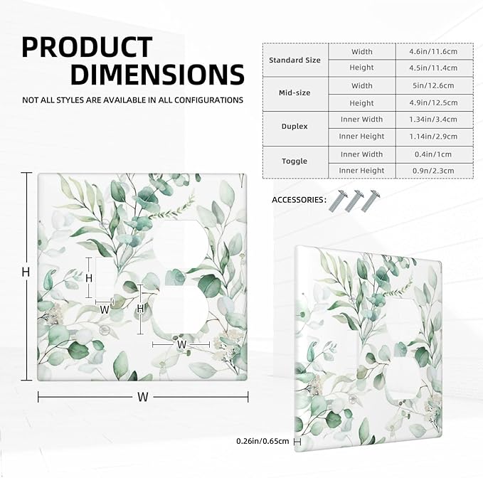 Boho Green Eucalyptus Leaf Floral Plants Flowers Wallplates 1 Toggle 1 Duplex Switch Plate Electrical GFCI Faceplate Decorative Light Switch Covers for Bed Room Living Room Decor