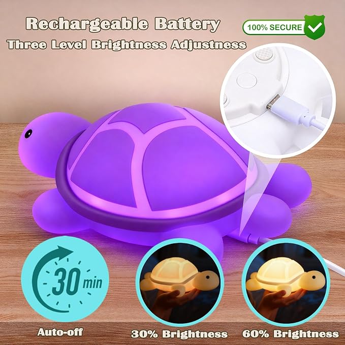 Turtle Night Light, Sea Turtle Gifts, Cute Soft Silicone Squishy LED Lamp with 7 RGB Colors, Dimmable, Timer, Touch Control, Kids' Bedroom Decor