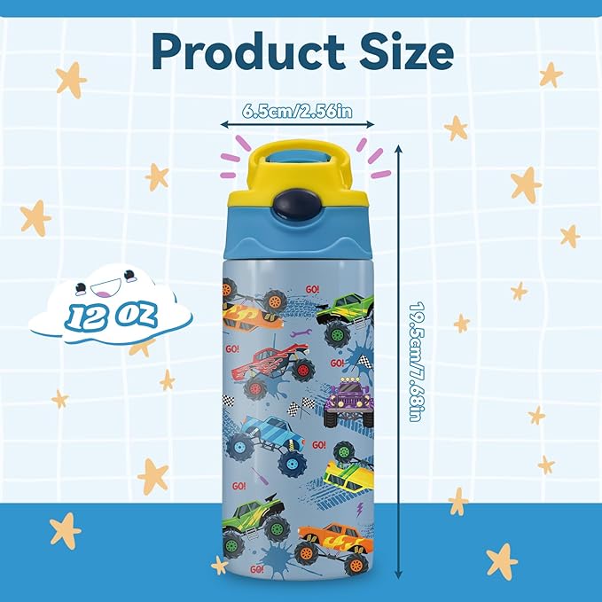 12 oz Monster Truck Kids Water Bottle, Cool Cars Water Bottle for School, Kids Insulated Bottles with Straw & Handle, Leak-Proof, BPA-free, Straw Lid, Stainless Steel for Travel Gift Cup for Boys