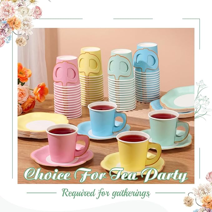 Umigy 36 Sets Mother's Day Pastel Tea Party Decorations 6.5 oz Paper Teacups & Saucer Set for Girls Women Tea Parties Mothers Day Bridal Shower Wedding Birthday Party Decorations(Pastel)