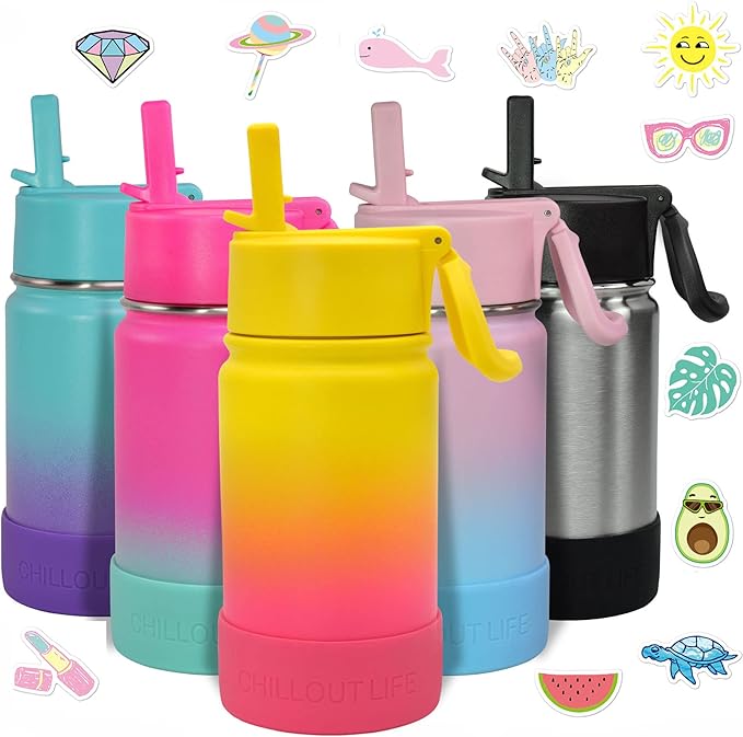 CHILLOUT LIFE 12 oz Kids Insulated Water Bottle for School with Straw Lid Leakproof and Cute Waterproof Stickers, Personalized Stainless Steel Thermos Flask Metal Water Bottle for Girls & Boys