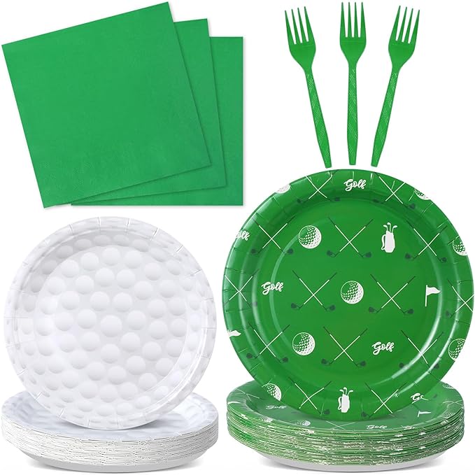 Qyeahkj 100 Pcs Golf Party Supplies Golf Ball Disposable Plates and Napkins Set Green White Sports Themed Paper Plates Dinnerware Kit for Sports Birthday Baby Shower Party Decorations Favors Serve 25