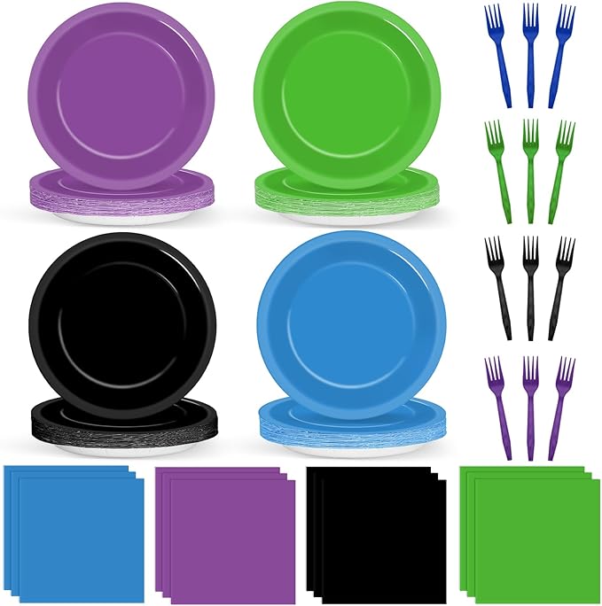 96Pcs Night Video Game Party Supplies Nite Gamer Paper Plates and Napkins Birthday Decorations Level Up Disposable Tableware Set for Kids Video Game Birthday Baby Shower Party Decorations Serves 24