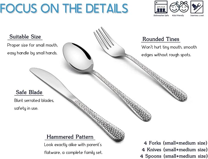 12 Piece Kids Utensils Silverware Set, E-far Stainless Steel Hammered Toddler Cutlery Child Flatware Progress Set, Small Adult Diet Tableware Include Fork Spoon Knife, Mirror Finished, Dishwasher Safe