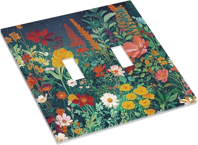 Decorative Switch Plate Cover with Wildflowers & Stars Botanical Floral Art Design 2 Gang Wall Plate Unique Double Toggle Double Light Switch Covers for Garden Theme Wall Decor
