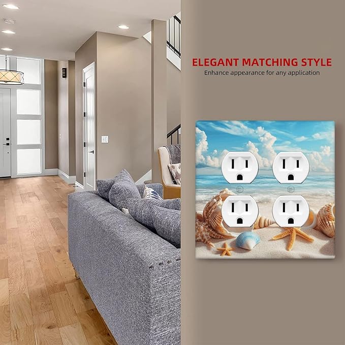 Beach Coastal Seashore Sea Starfish Shell Sand Outlet Covers 2 Gang Double Duplex Decorative Light Switch Covers Electrical Wallplates Socket Faceplate for Bathroom Home Decor