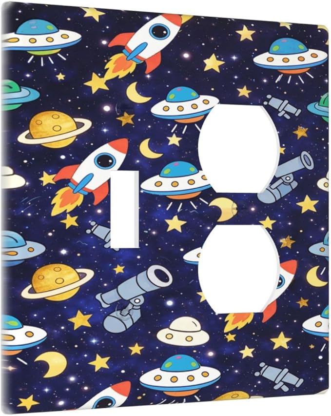 Decorative Outlet Covers Blue Space-themed Rocket Spaceship 2 Gang Light Switch Cover Plate Single Toggle Duplex Wall Plates for Electrical Switch Plate Covers for Children's Room Decor