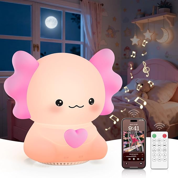 Kids Night Light with Wireless Speaker, Portable 7 Colors Dimmable Warm Touch Night Lamp with Remote Control, White Noise Machine for Baby Sleeping with Night Light