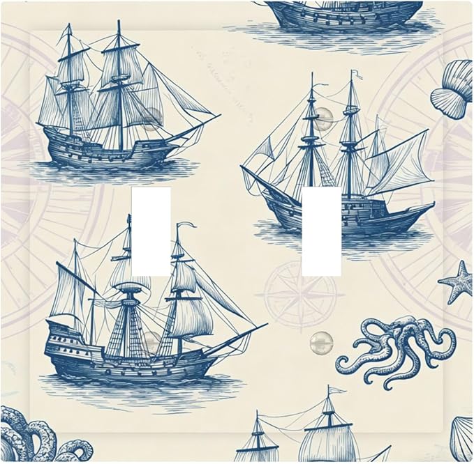 Vintage Nautical Ships Double Toggle Switch Cover - 2-Gang Standard US Size Old World Sailing Vessels Light Switch Covers, Blueprint Design for Beach House Decor