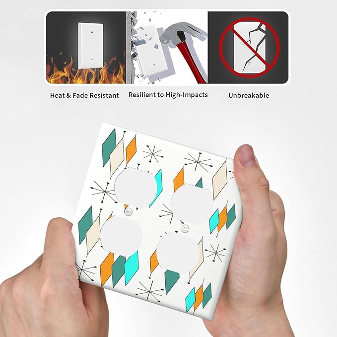 Mid Century Geometric Plaid 2-Gang Device Duplex Wall Plate, Aqua/Blue/Orange Modern Retro Abstract Atomic Art Decorative Two Gang Double Duplex Receptacle Socket Outlet and Light Switch Cover Plate