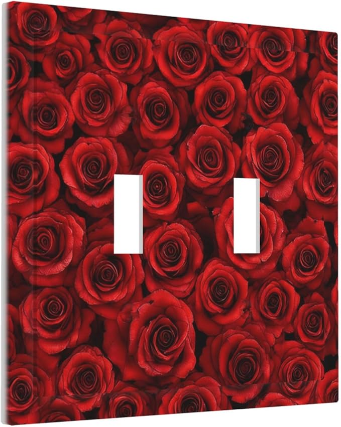 Lush Red Roses Double Toggle Switch Cover - 2-Gang Standard US Size Romantic Rose Bouquet Light Switch Covers for Bedroom Powder Room Decor