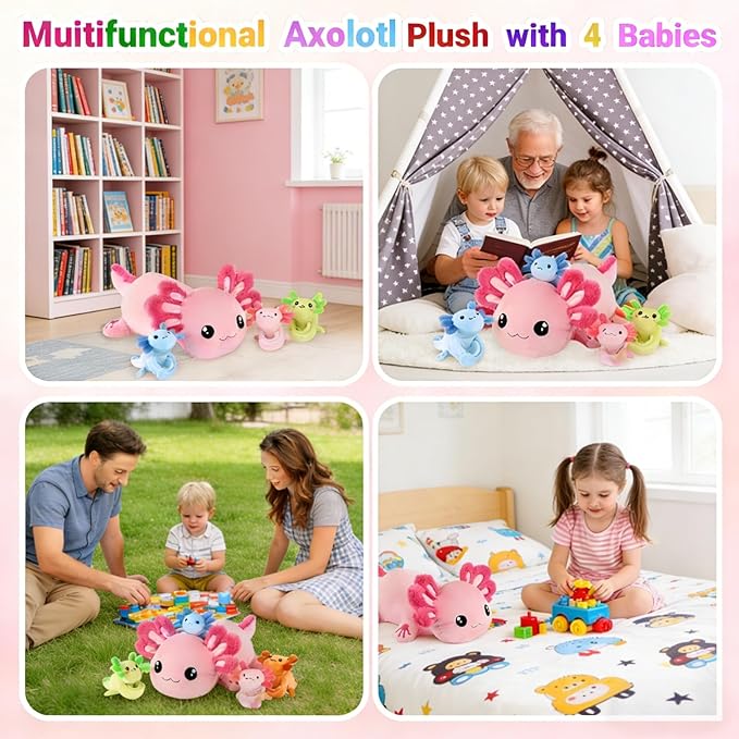 5 in 1 Axolotl Plush Toys for Girls Boys, 18" Mommy Axolotl Stuffed Animal with 4 Baby Axolotls Pink Stuffed Axolotl Plush with Babies Axolotl Plushies for Kids Toddler Birthday Christmas Plush Gifts